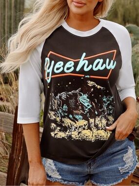 Yeehaw Graphic Raglan Sleeve Top - Black and White